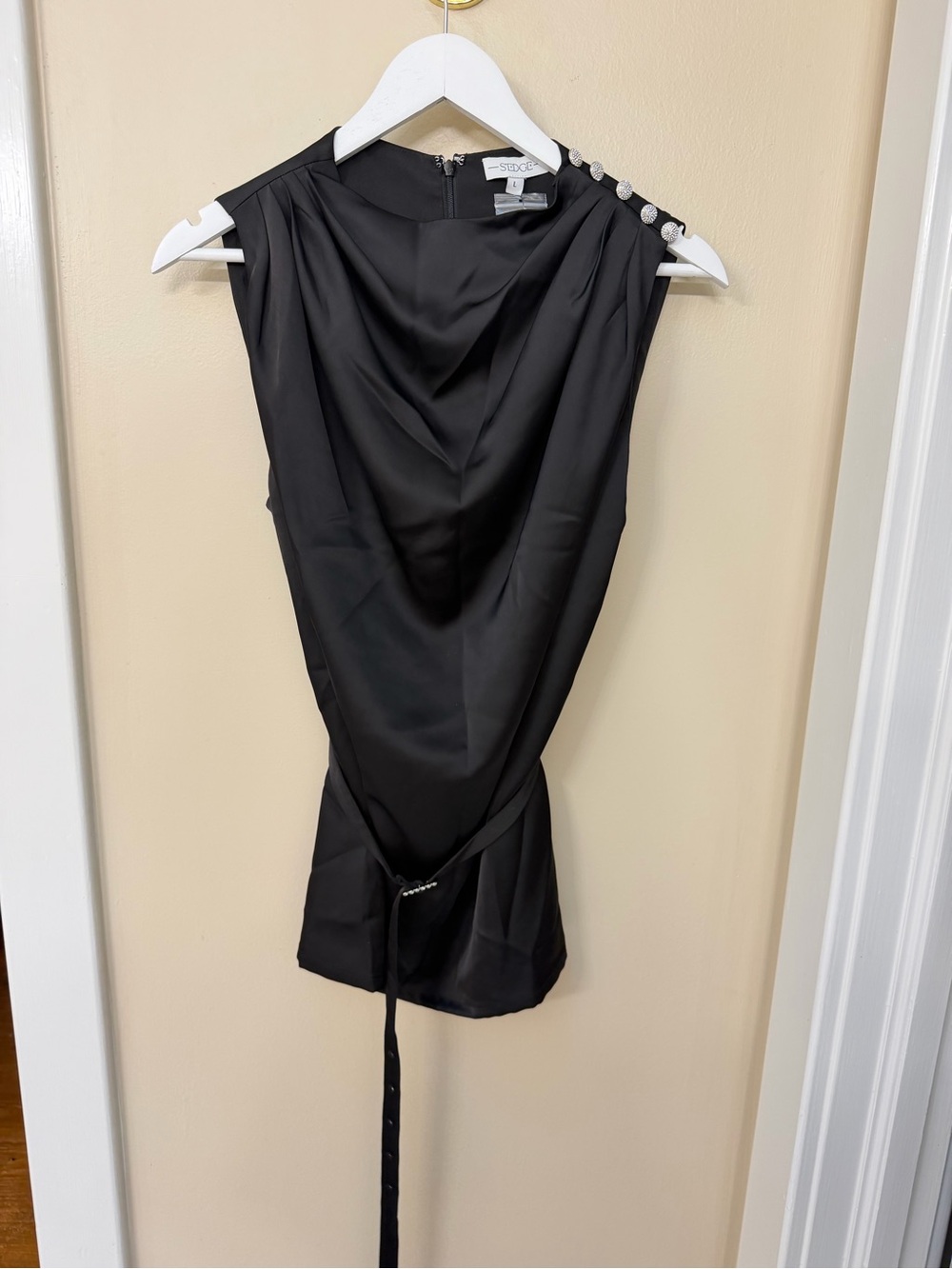 S’edge Black Sleeveless Cowl-Neck Top with Shoulder Button Detail and belt